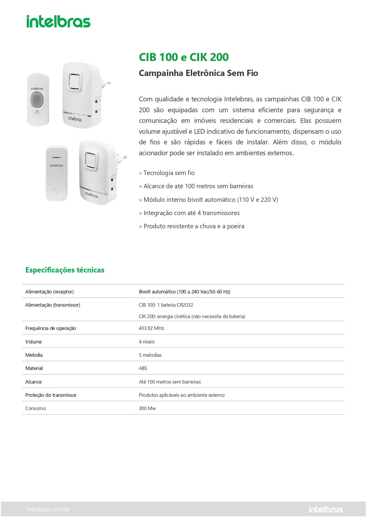CAMPAINHA SEM FIO SEM BATERIA CIK 200